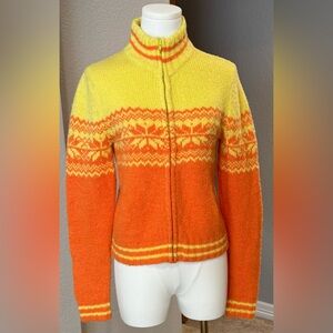 Vintage Retro Pandemonium Orange Yellow Fair Isle Zip-Up Cardigan Sweater Jacket